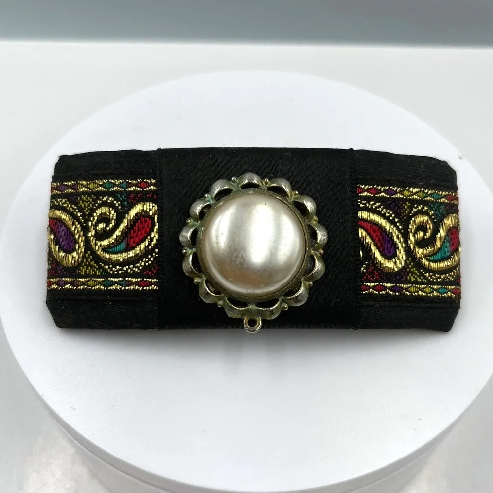 Barrette Hair Clip Vintage Faux‎ Pearl Paisley Gold Tone Embroidery Black Fabric